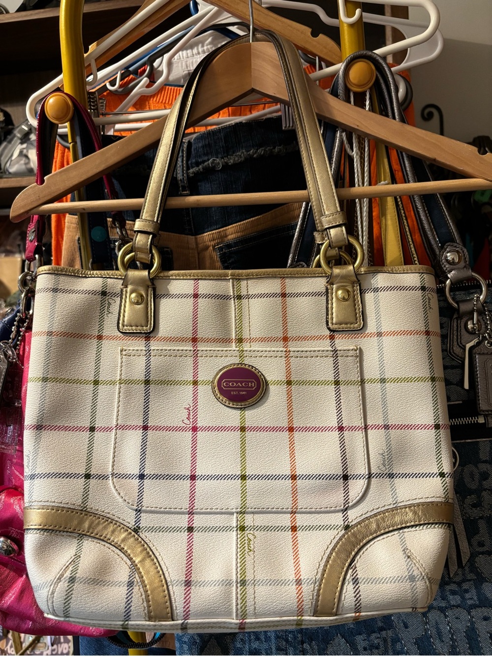 Coach White Multi-Color Plaid Tote with Gold Accents / Shoulder Bag!